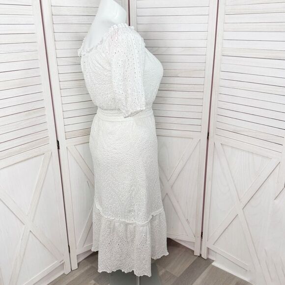 Betsey Johnson Eyelet Off The Shoulder Smocked Waist Midi Dress White Large - Picture 4 of 14